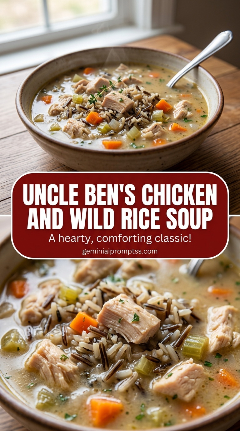 Uncle Ben's chicken and wild rice soup with bite-size chicken pieces with browned edges, glossy sauce, and fresh garnish