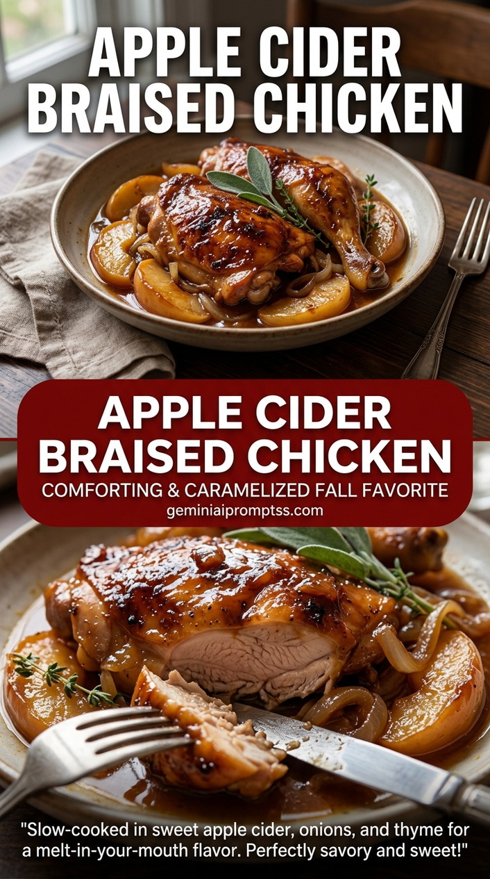 Apple cider braised chicken with tender chicken and sweet-tangy cider glaze