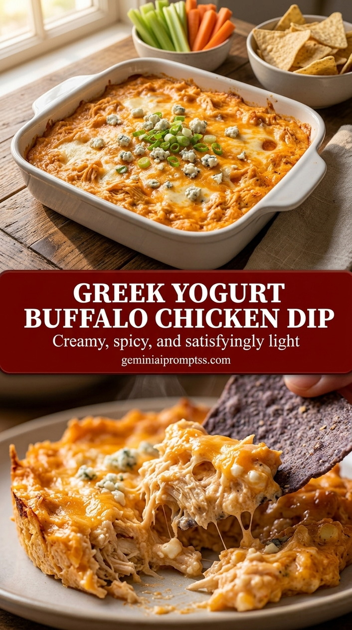 Greek yogurt buffalo chicken dip with creamy buffalo sauce chicken dip, melted feta, and mint