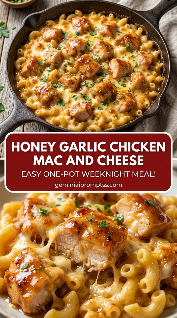 Honey garlic chicken mac and cheese with bite-size chicken pieces with browned edges, glossy sauce, and fresh garnish
