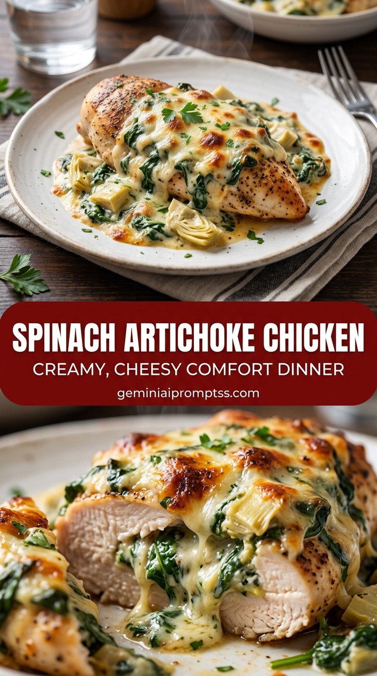 Spinach artichoke chicken with bite-size chicken pieces with browned edges, glossy sauce, and fresh garnish