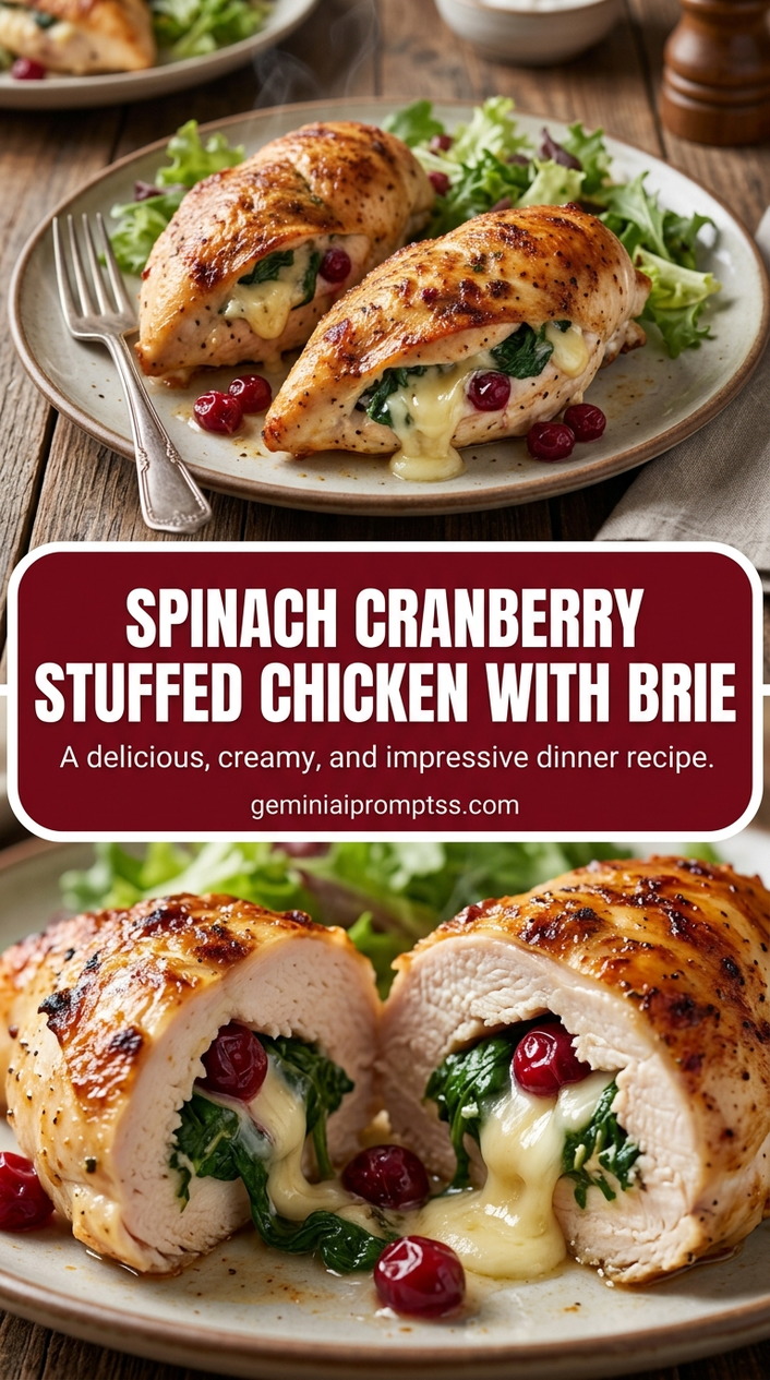 Spinach cranberry stuffed chicken with brie with bite-size chicken pieces with browned edges, glossy sauce, and fresh garnish