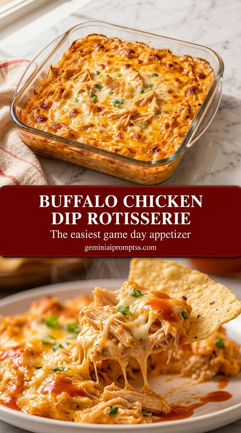 Buffalo chicken dip rotisserie with creamy buffalo sauce chicken dip, melted cheddar, and parsley