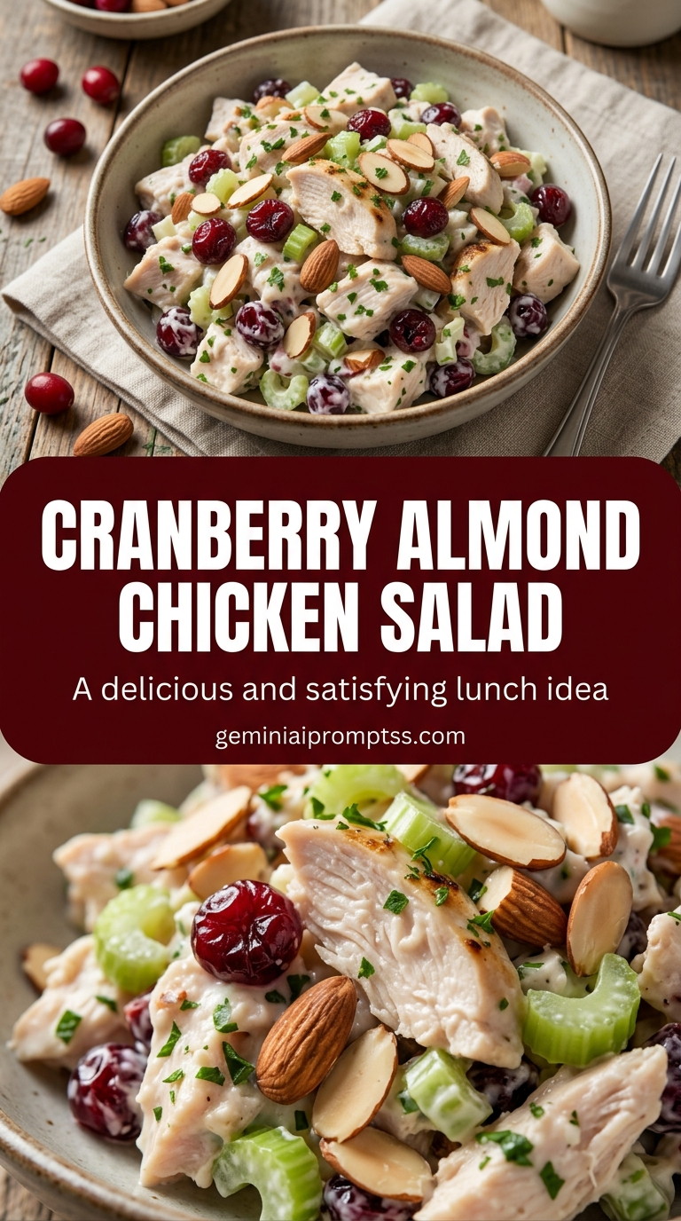 Cranberry almond chicken salad with bite-size chicken pieces with browned edges, glossy sauce, and fresh garnish