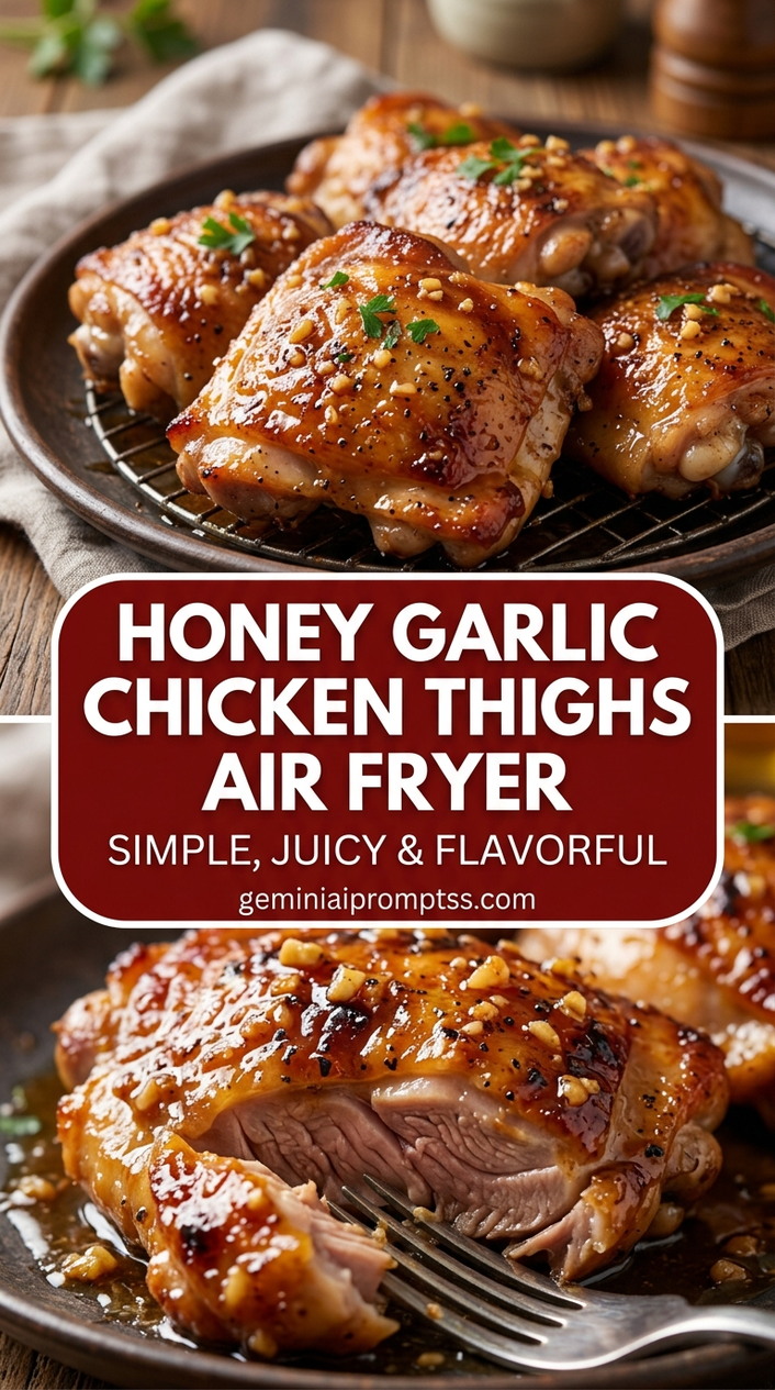 Honey garlic chicken thighs air fryer with chicken thighs that stay juicy while the edges brown, glossy sauce, and fresh garnish