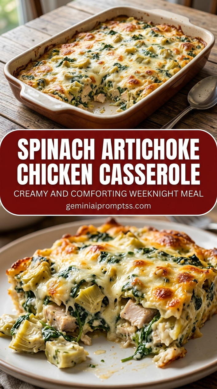 Spinach artichoke chicken casserole with bite-size chicken pieces with browned edges, glossy sauce, and fresh garnish