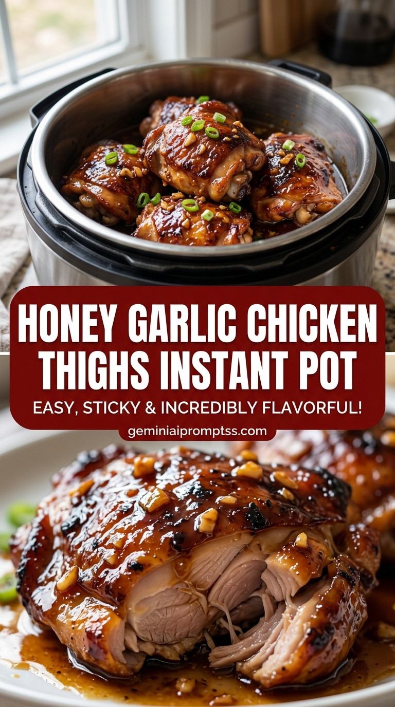 Honey garlic chicken thighs Instant Pot with chicken thighs that stay juicy while the edges brown, glossy sauce, and fresh garnish
