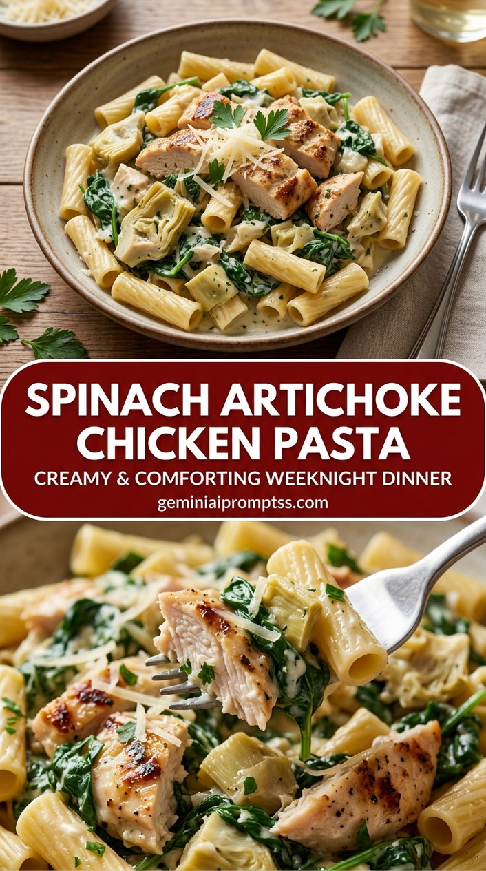 Spinach artichoke chicken pasta with bite-size chicken pieces with browned edges, glossy sauce, and fresh garnish