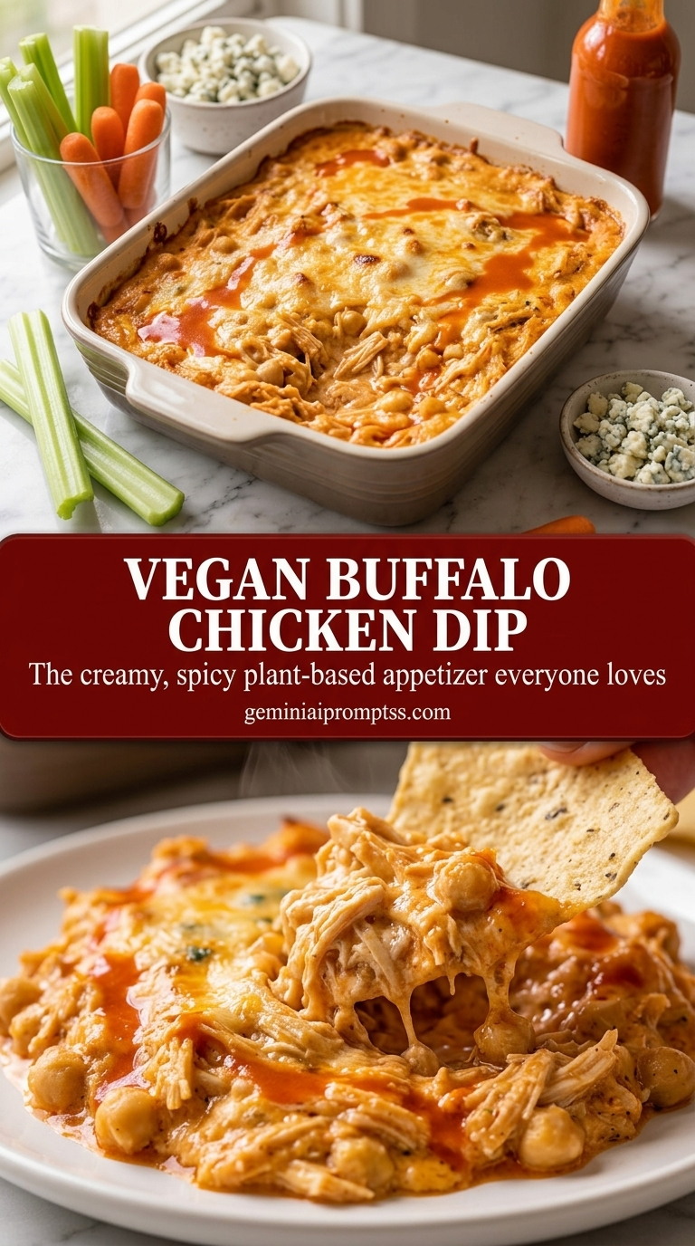 Vegan buffalo chicken dip with creamy vegan buffalo sauce chicken dip, melted vegan mozzarella, and cilantro