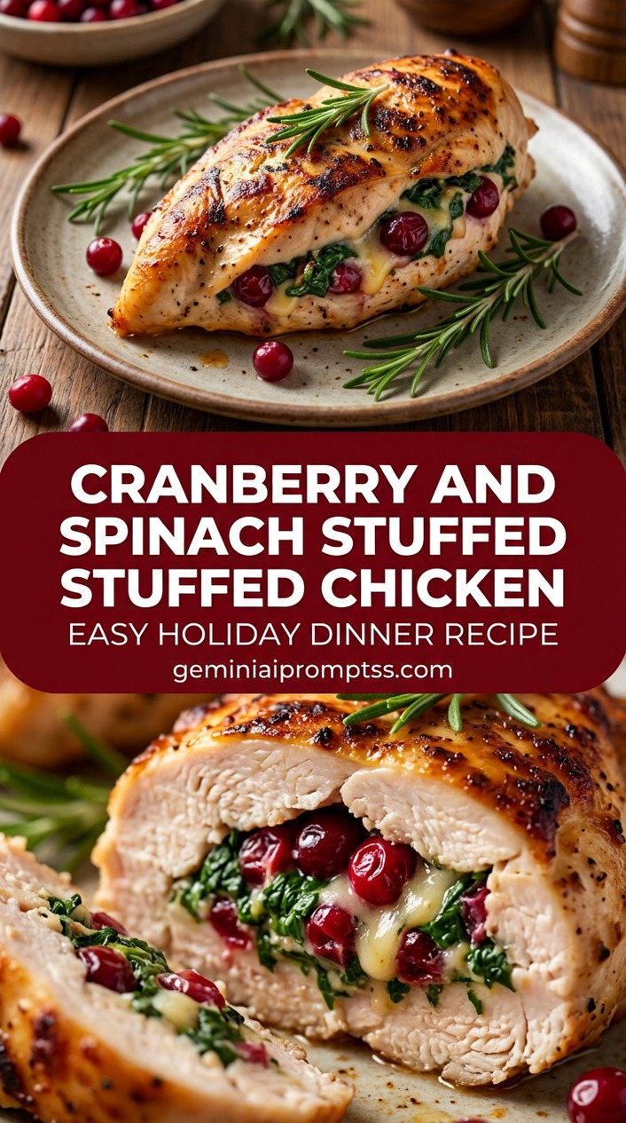 Cranberry and spinach stuffed chicken with bite-size chicken pieces with browned edges, glossy sauce, and fresh garnish