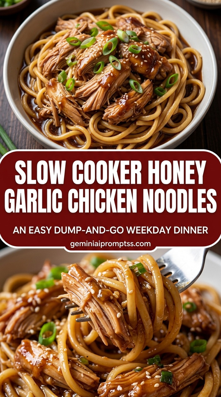 Slow cooker honey garlic chicken noodles with bite-size chicken pieces with browned edges, glossy sauce, and fresh garnish