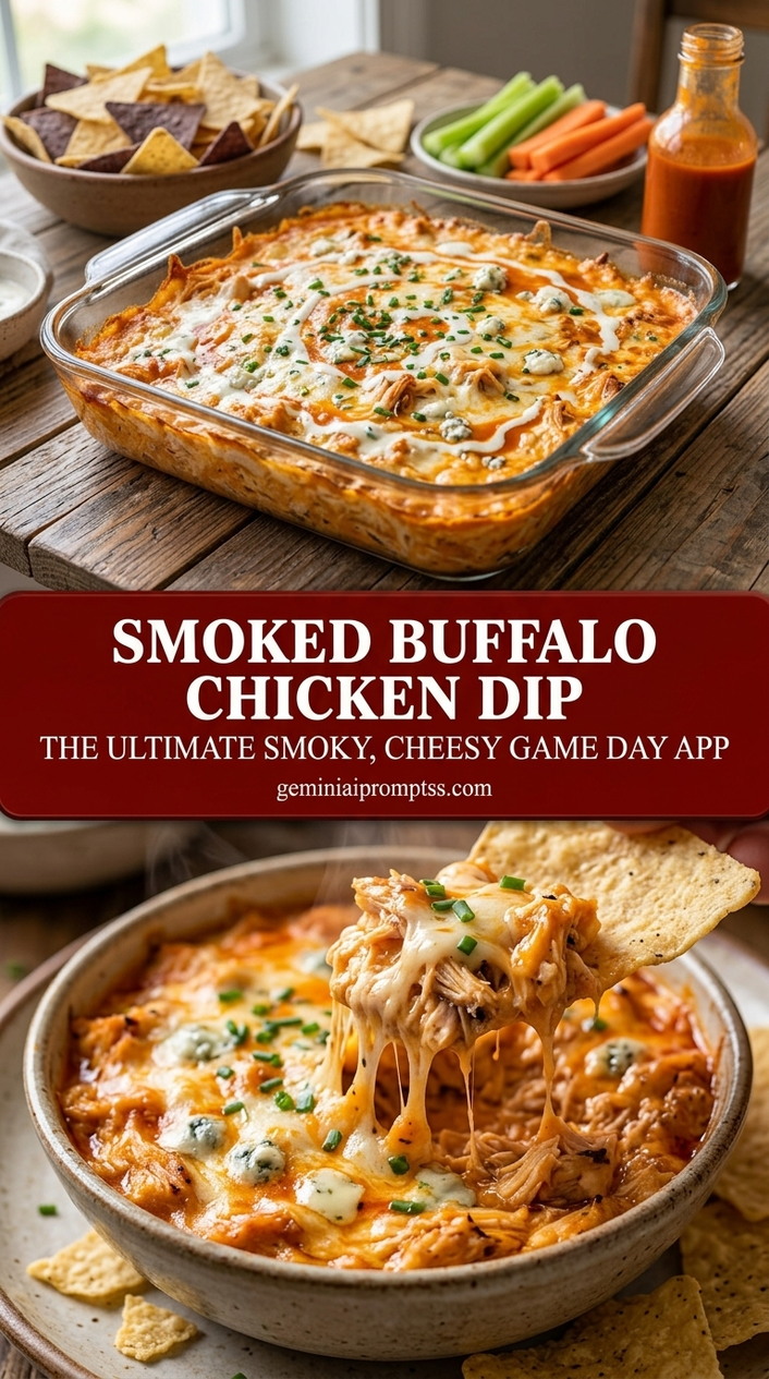 Smoked buffalo chicken dip with creamy chipotle buffalo sauce chicken dip, melted smoked cheddar, and scallion