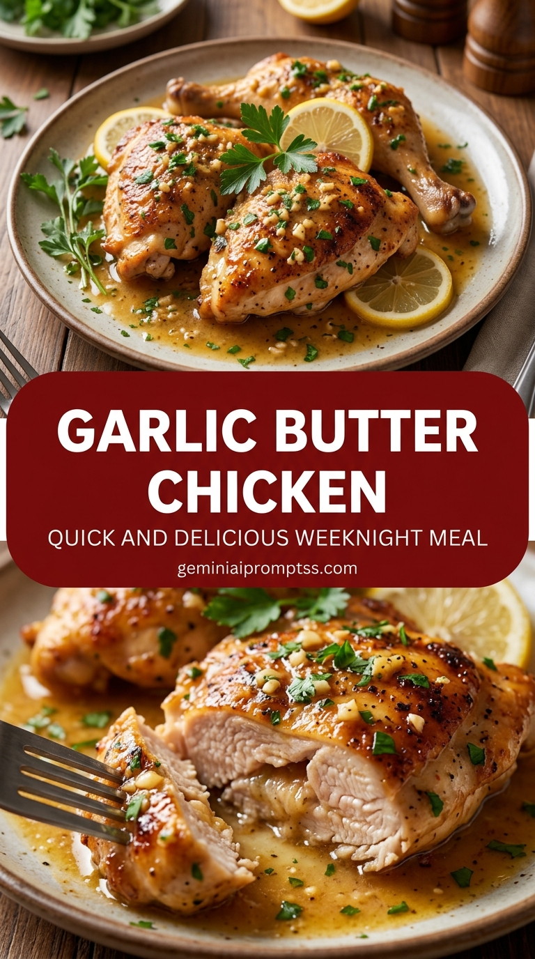 Garlic butter chicken with bite-size chicken pieces with browned edges, glossy sauce, and fresh garnish