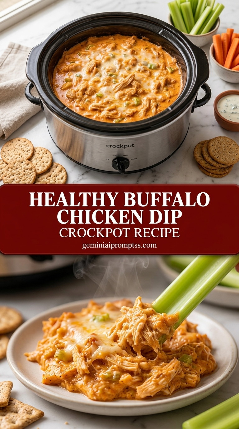 Healthy buffalo chicken dip crockpot with creamy buffalo sauce chicken dip, melted part-skim cheddar, and parsley