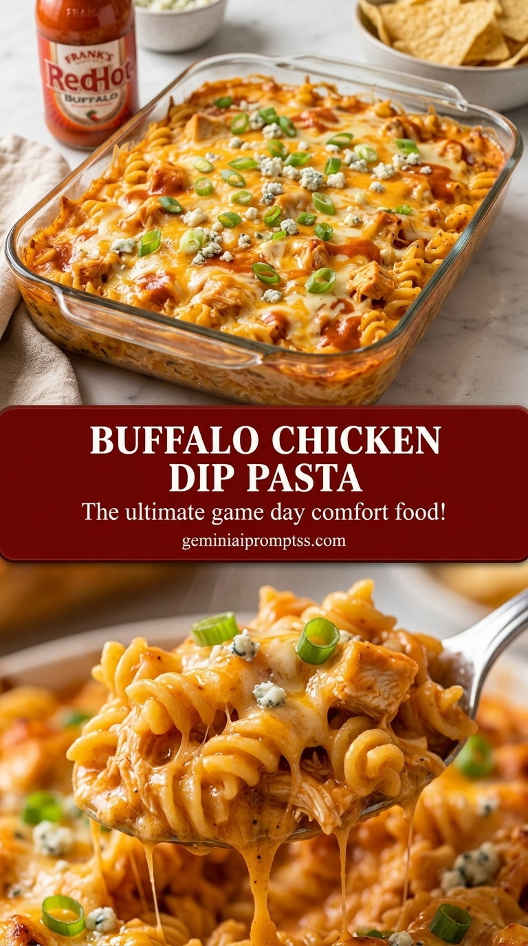 Buffalo chicken dip pasta with creamy buffalo sauce chicken dip, melted mozzarella, and panko