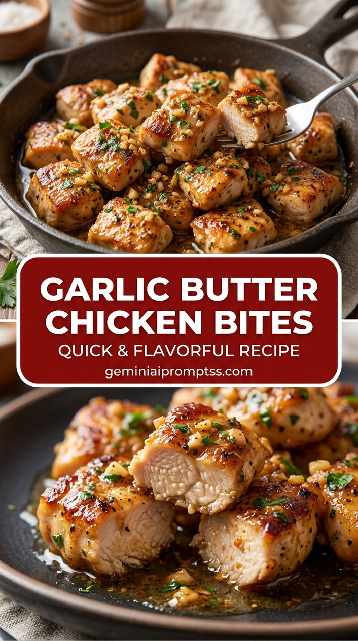 Garlic butter chicken bites with bite-size chicken pieces with browned edges, glossy sauce, and fresh garnish