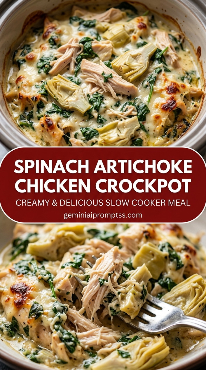 Spinach artichoke chicken crockpot with bite-size chicken pieces with browned edges, glossy sauce, and fresh garnish