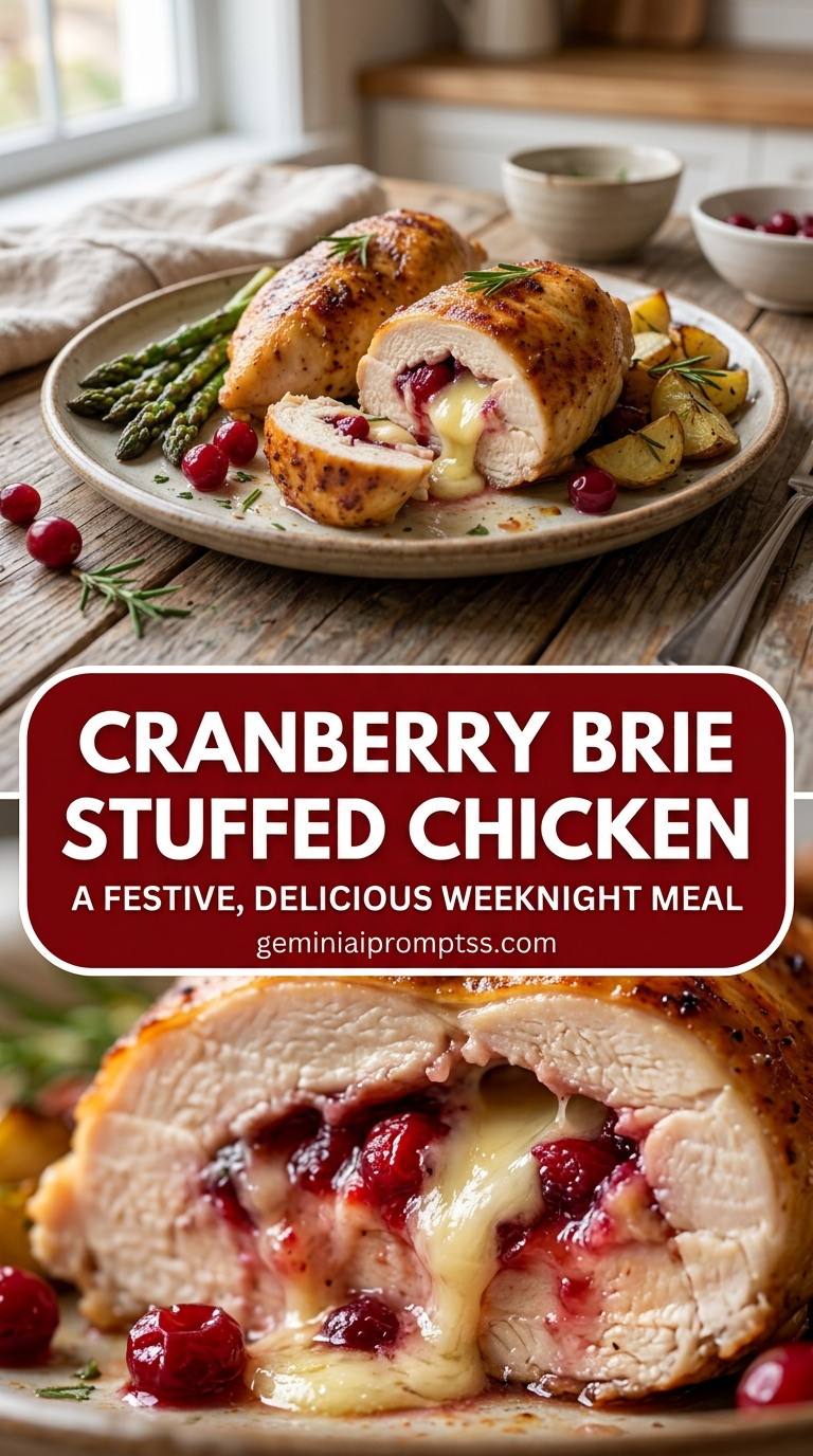 Cranberry brie stuffed chicken with bite-size chicken pieces with browned edges, glossy sauce, and fresh garnish