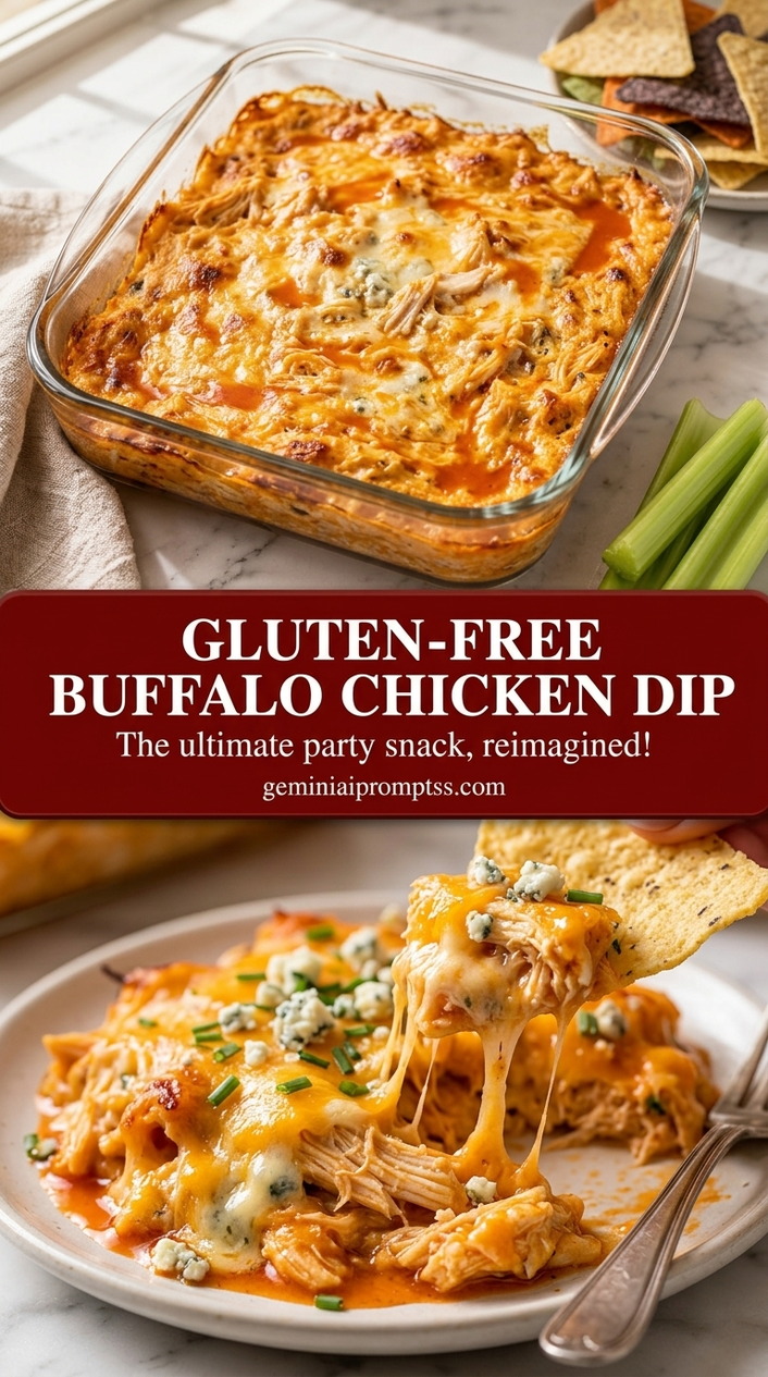 Gluten-free buffalo chicken dip with creamy buffalo sauce chicken dip, melted cheddar, and gluten-free crumbs