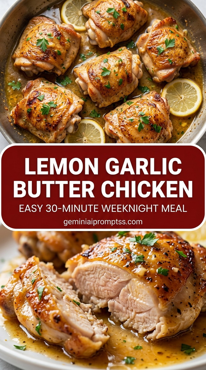 Lemon garlic butter chicken with bite-size chicken pieces with browned edges, glossy sauce, and fresh garnish