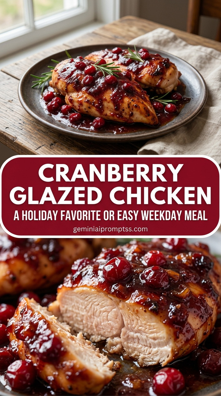 Cranberry glazed chicken with bite-size chicken pieces with browned edges, glossy sauce, and fresh garnish