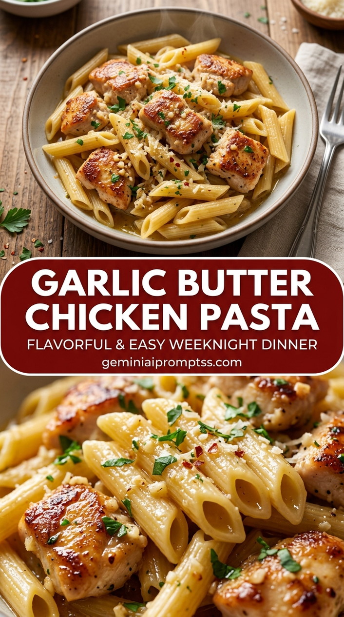 Garlic butter chicken pasta with bite-size chicken pieces with browned edges, glossy sauce, and fresh garnish