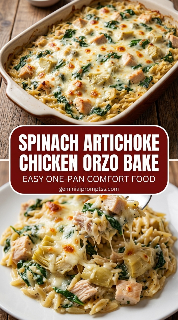 Spinach artichoke chicken orzo bake with bite-size chicken pieces with browned edges, glossy sauce, and fresh garnish