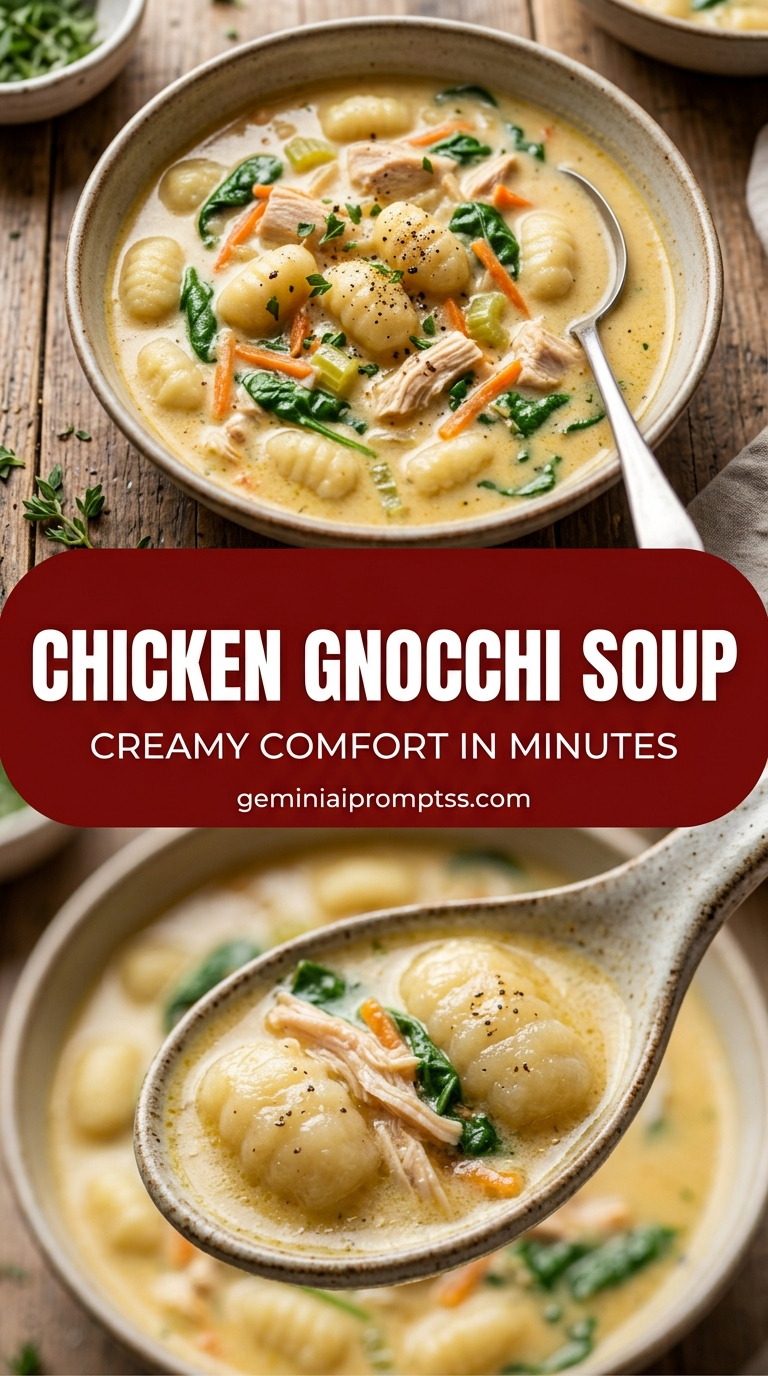 Chicken gnocchi soup with bite-size chicken pieces with browned edges, glossy sauce, and fresh garnish