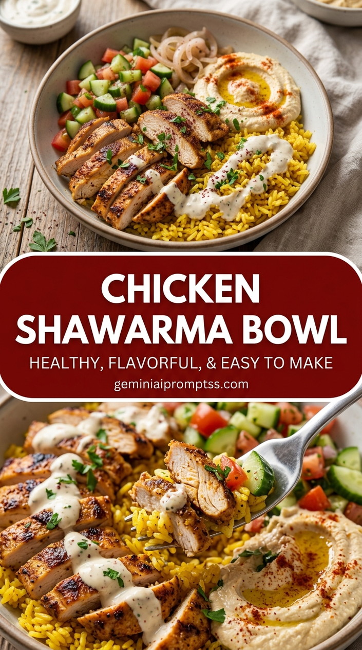 Chicken shawarma bowl with tender chicken and garlic tahini-style sauce