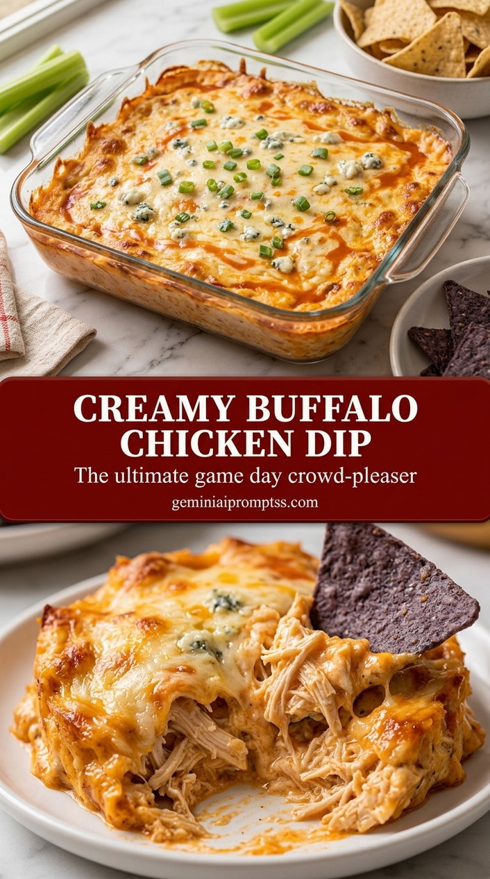 Creamy buffalo chicken dip with creamy buffalo sauce chicken dip, melted fontina, and parsley
