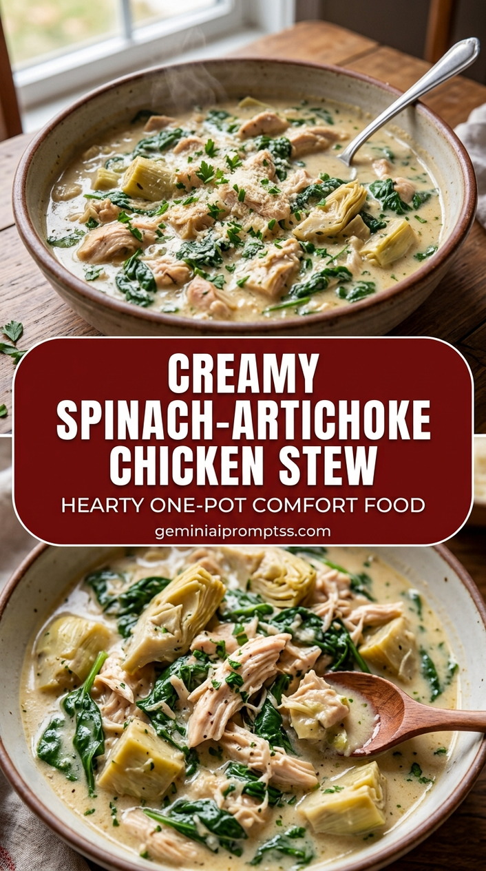 Creamy spinach-artichoke chicken stew with bite-size chicken pieces with browned edges, glossy sauce, and fresh garnish