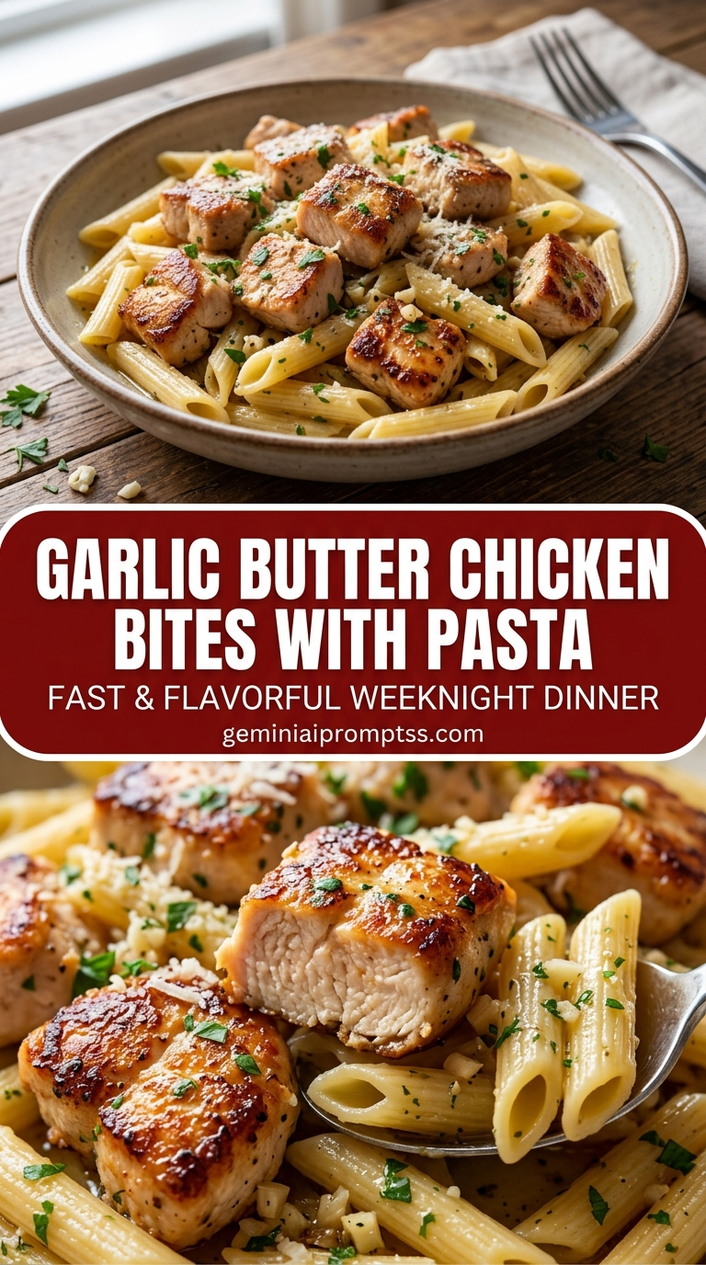 Garlic butter chicken bites with pasta with bite-size chicken pieces with browned edges, glossy sauce, and fresh garnish