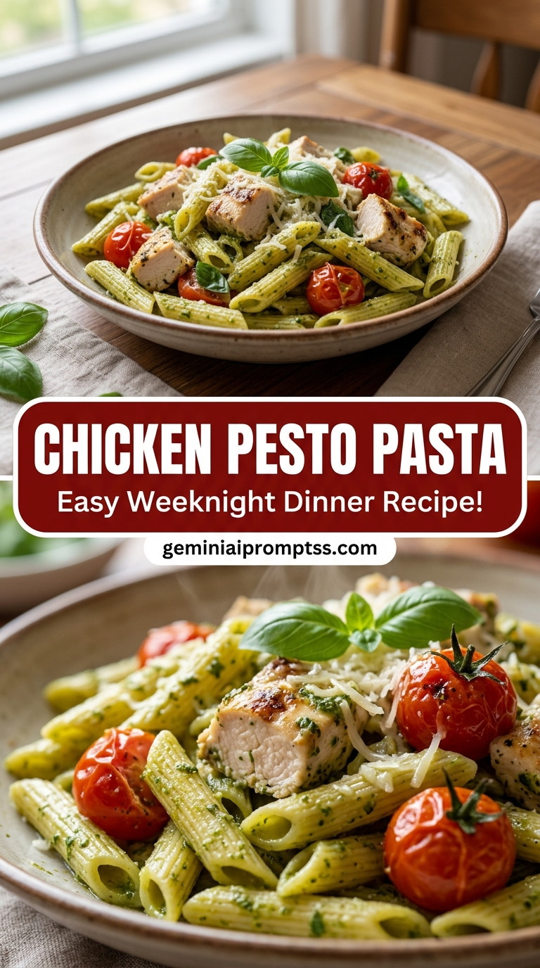 Chicken pesto pasta with bite-size chicken pieces with browned edges, glossy sauce, and fresh garnish