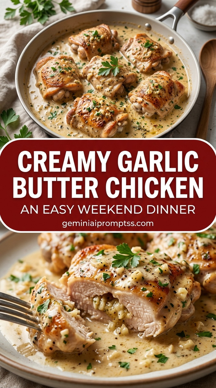 Creamy garlic butter chicken with bite-size chicken pieces with browned edges, glossy sauce, and fresh garnish