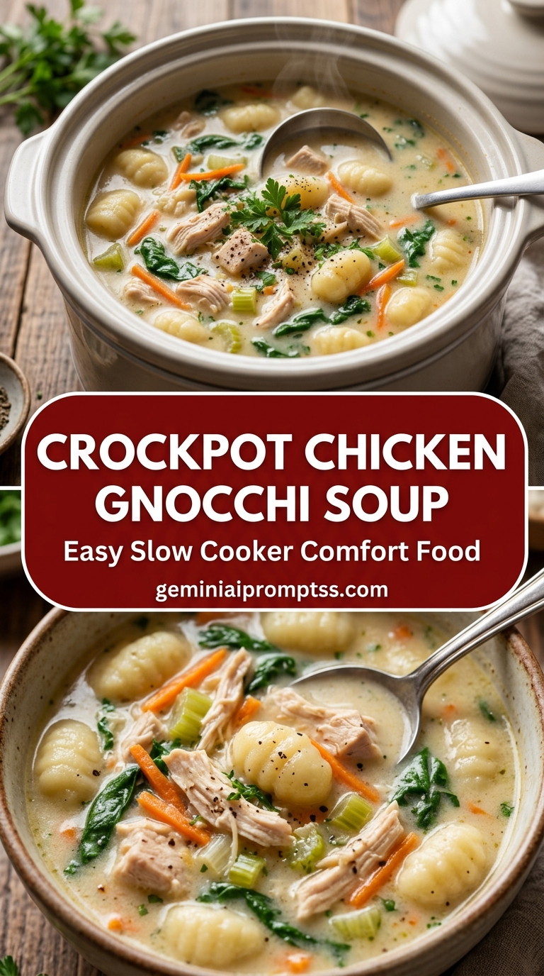 Crockpot chicken gnocchi soup with bite-size chicken pieces with browned edges, glossy sauce, and fresh garnish