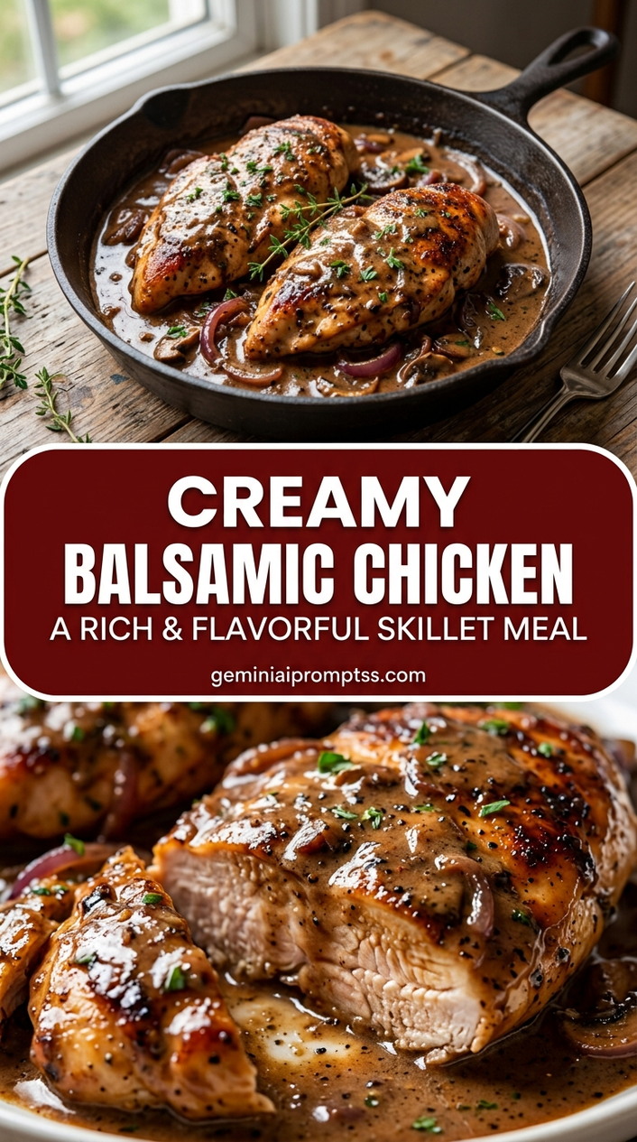 Creamy balsamic chicken with bite-size chicken pieces with browned edges, glossy sauce, and fresh garnish