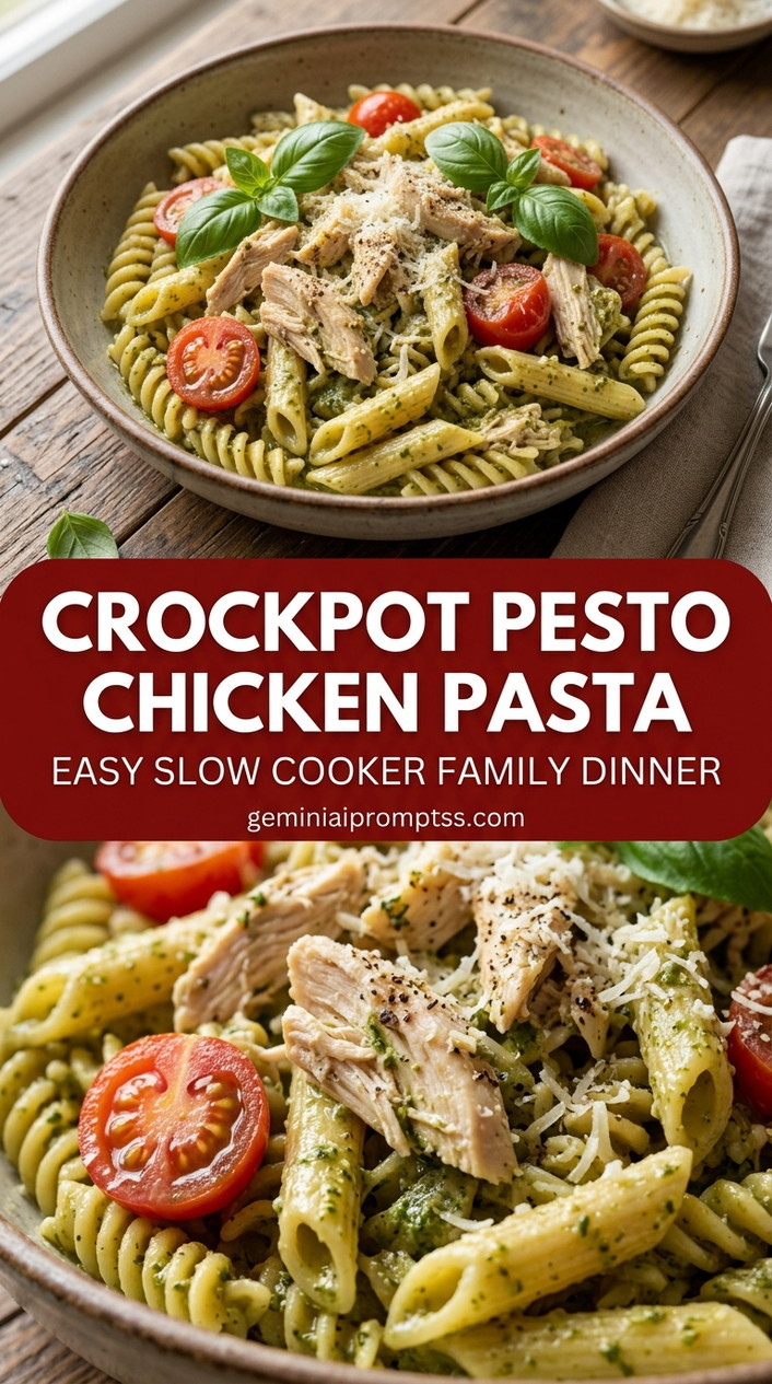Crockpot pesto chicken pasta with tender chicken and bright basil pesto