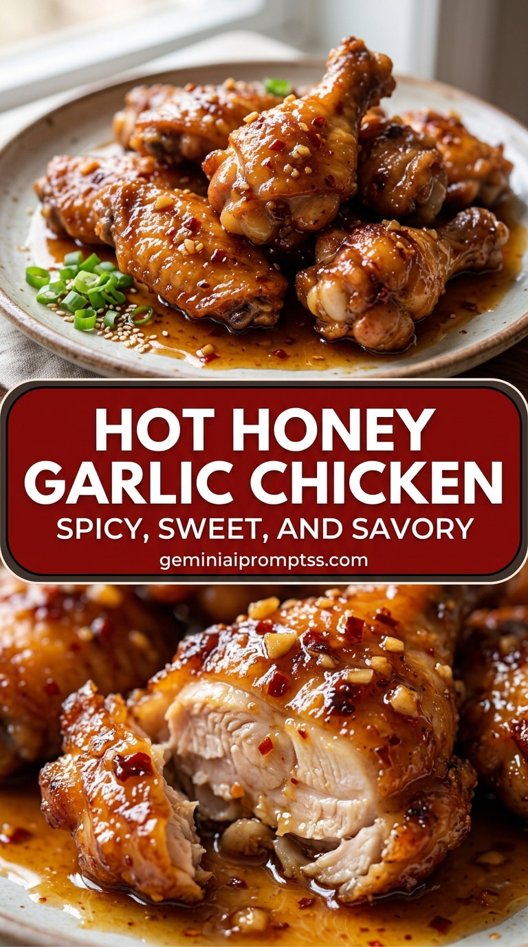 Hot honey garlic chicken with bite-size chicken pieces with browned edges, glossy sauce, and fresh garnish