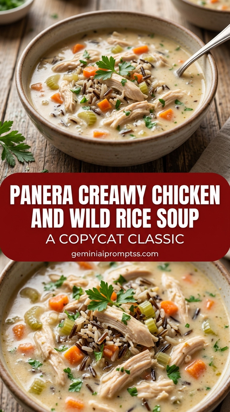 Panera creamy chicken and wild rice soup with bite-size chicken pieces with browned edges, glossy sauce, and fresh garnish