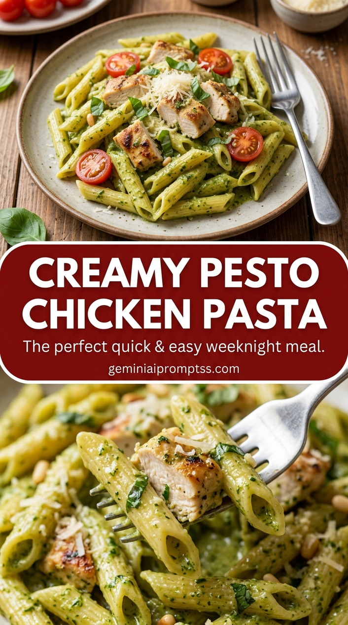 Creamy pesto chicken pasta with bite-size chicken pieces with browned edges, glossy sauce, and fresh garnish