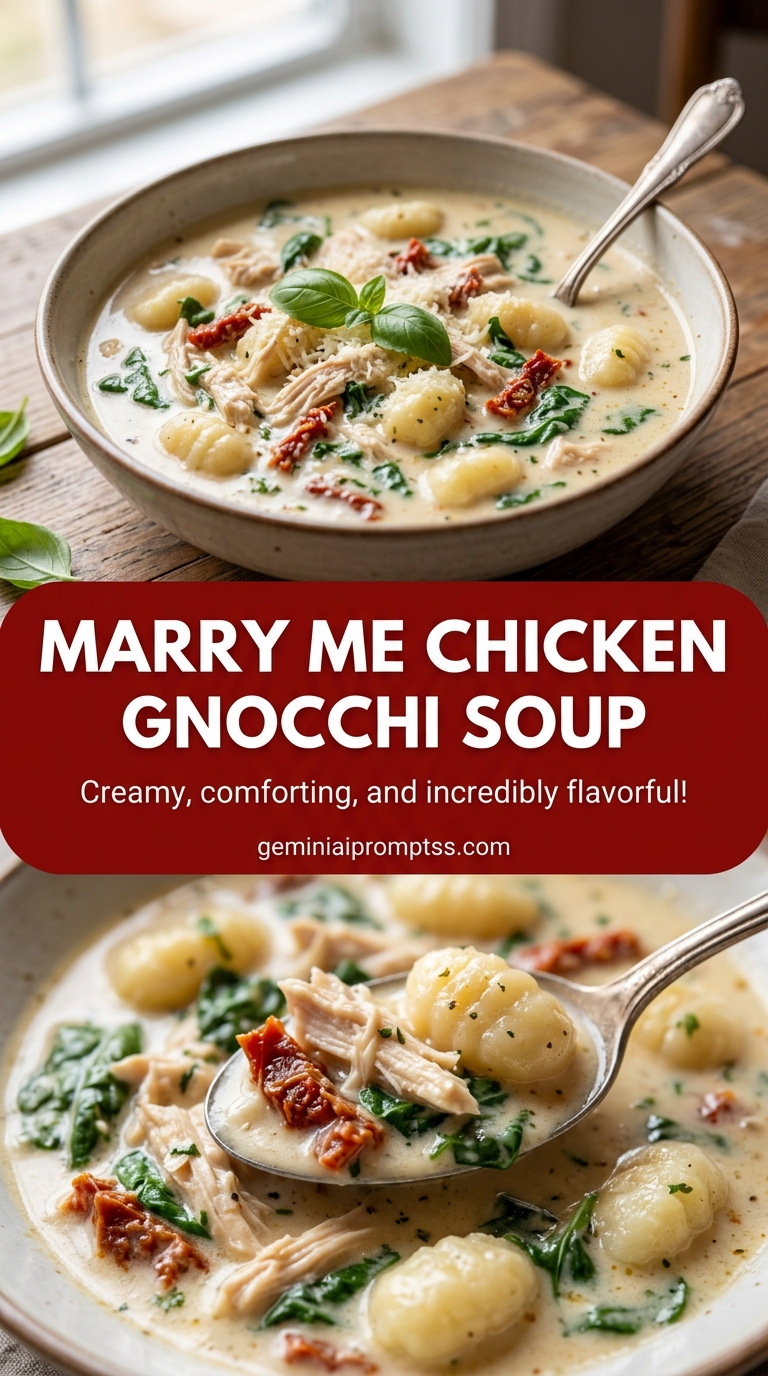 Marry me chicken gnocchi soup with bite-size chicken pieces with browned edges, glossy sauce, and fresh garnish