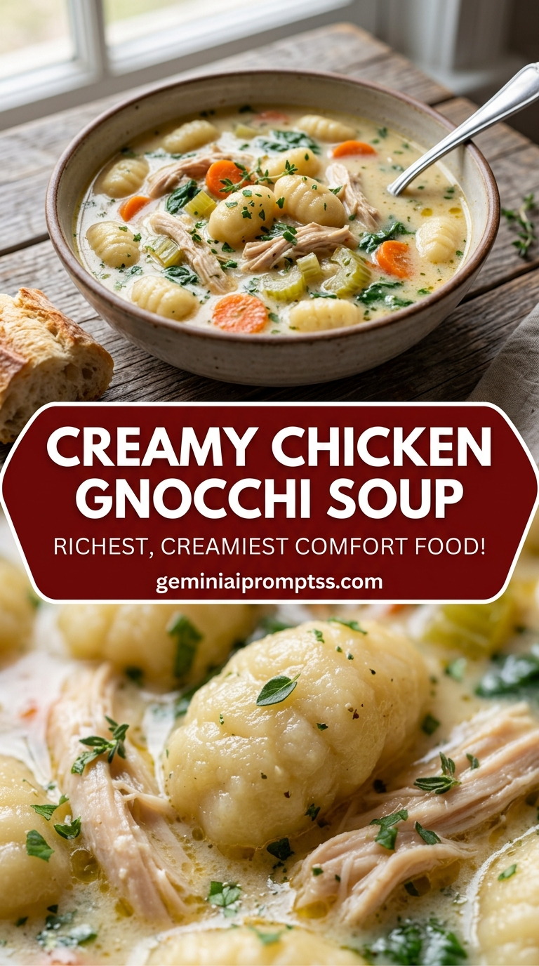 Creamy chicken gnocchi soup with bite-size chicken pieces with browned edges, glossy sauce, and fresh garnish