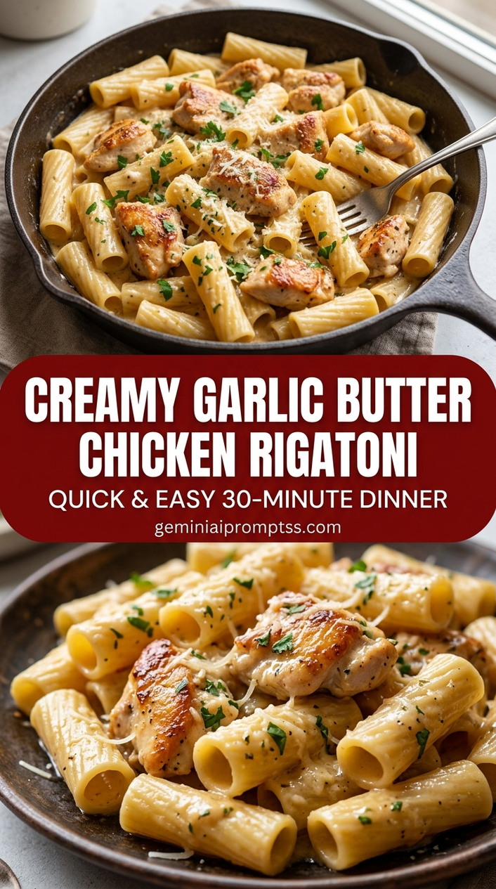 Creamy garlic butter chicken rigatoni with bite-size chicken pieces with browned edges, glossy sauce, and fresh garnish