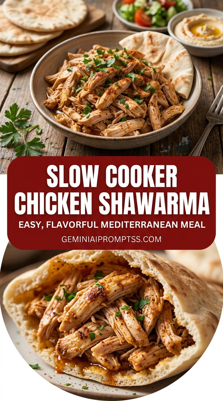 Slow cooker chicken shawarma with tender chicken and garlic tahini-style sauce