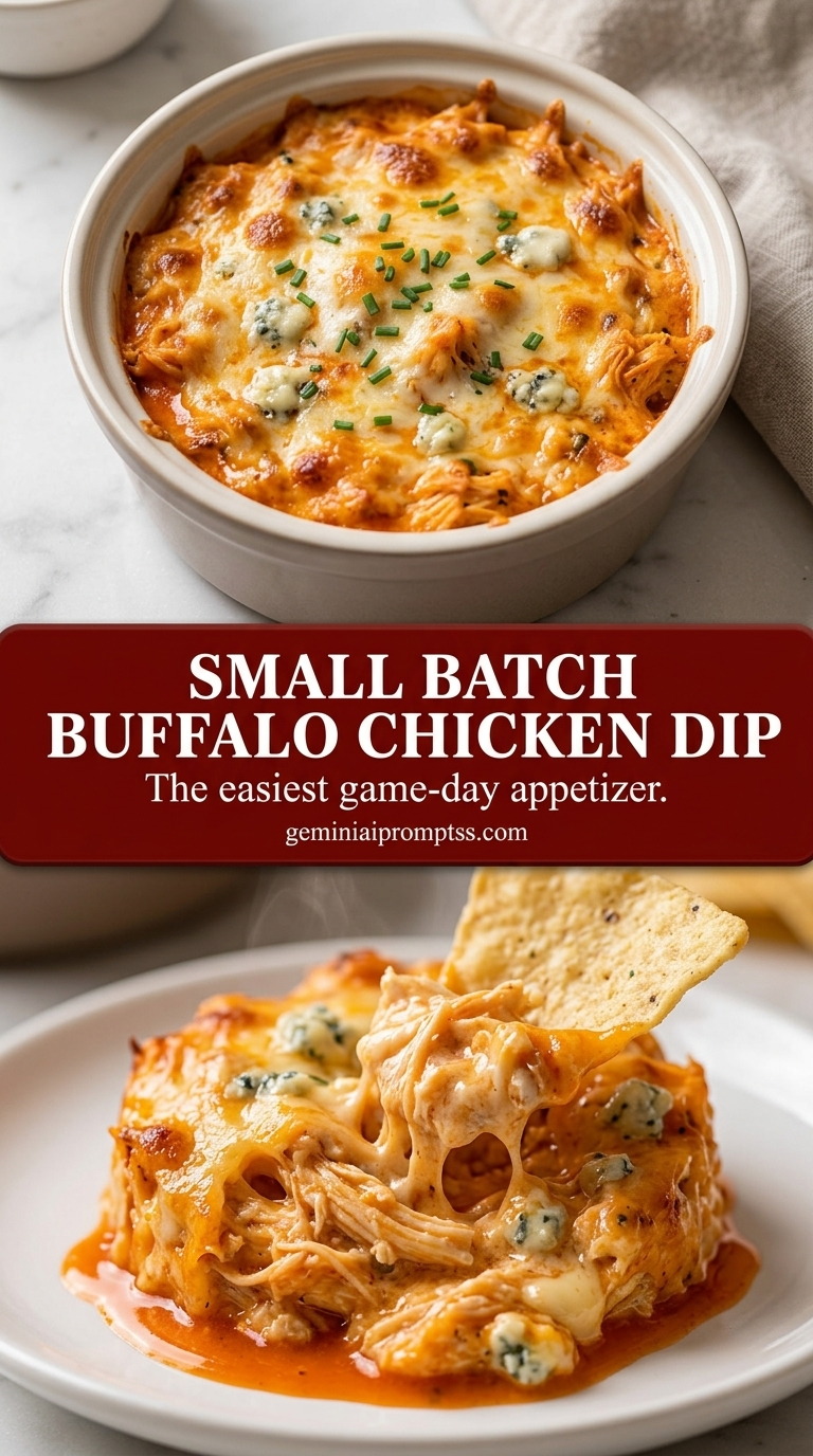 Small batch buffalo chicken dip with creamy hot sauce chicken dip, melted Monterey Jack, and chives