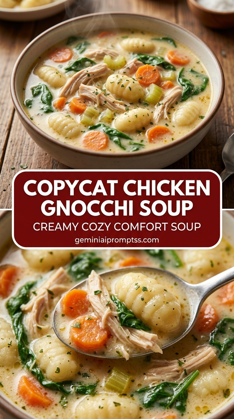 Copycat chicken gnocchi soup with bite-size chicken pieces with browned edges, glossy sauce, and fresh garnish