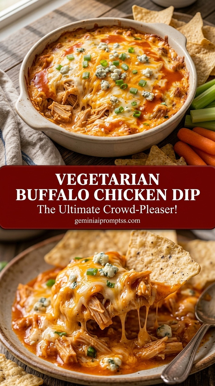 Vegetarian buffalo chicken dip with creamy buffalo sauce chicken dip, melted cheddar, and green onion