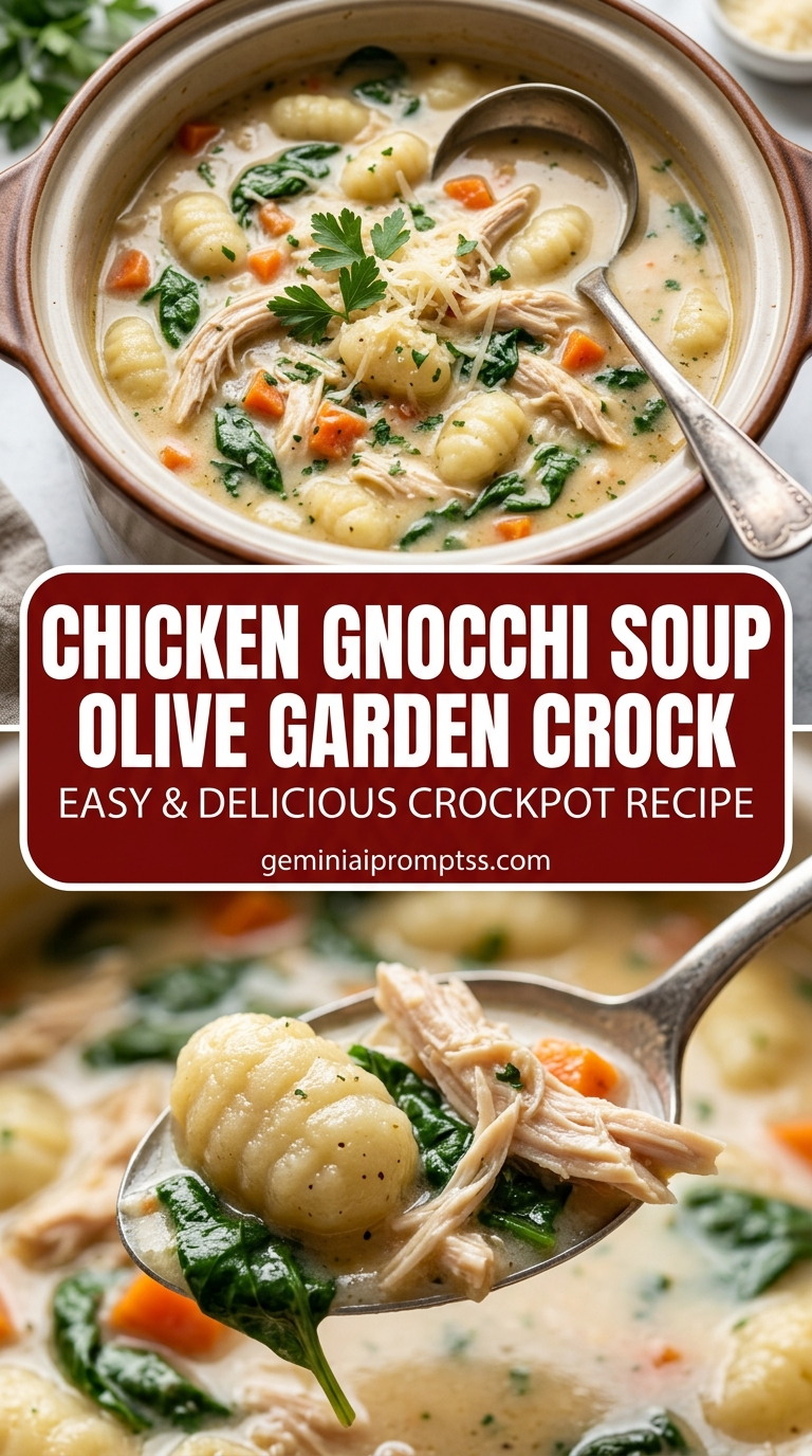 Chicken gnocchi soup Olive Garden crock with bite-size chicken pieces with browned edges, glossy sauce, and fresh garnish