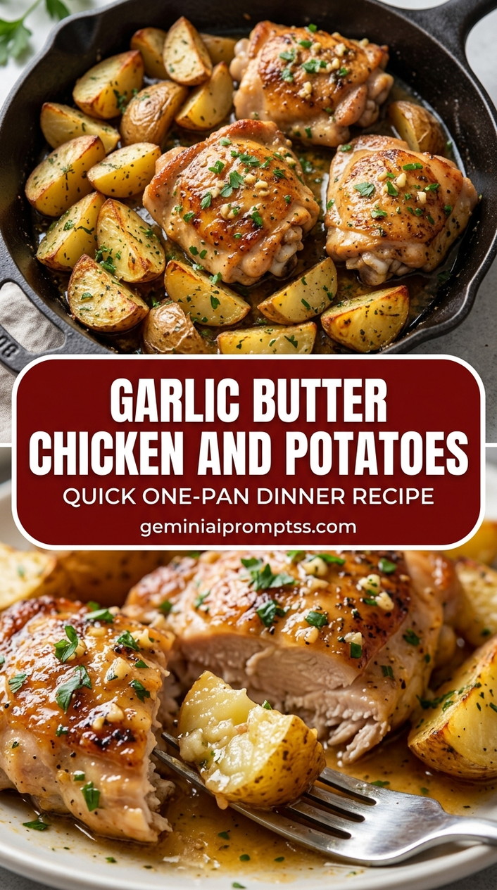 Garlic butter chicken and potatoes with bite-size chicken pieces with browned edges, glossy sauce, and fresh garnish