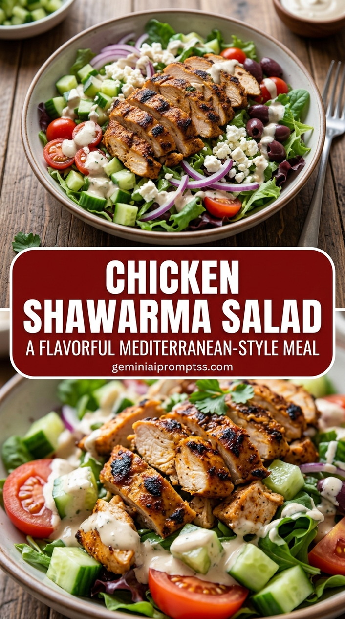 Chicken shawarma salad with tender chicken and garlic tahini-style sauce